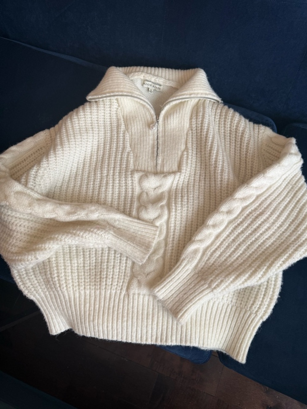 Moon River white half zip sweater with cable detail